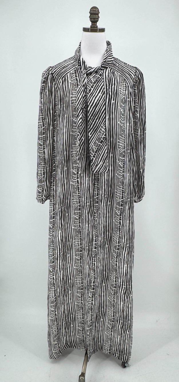 Vintage 1970s David Brown California Black White Striped Maxi Caftan Dress Sz M